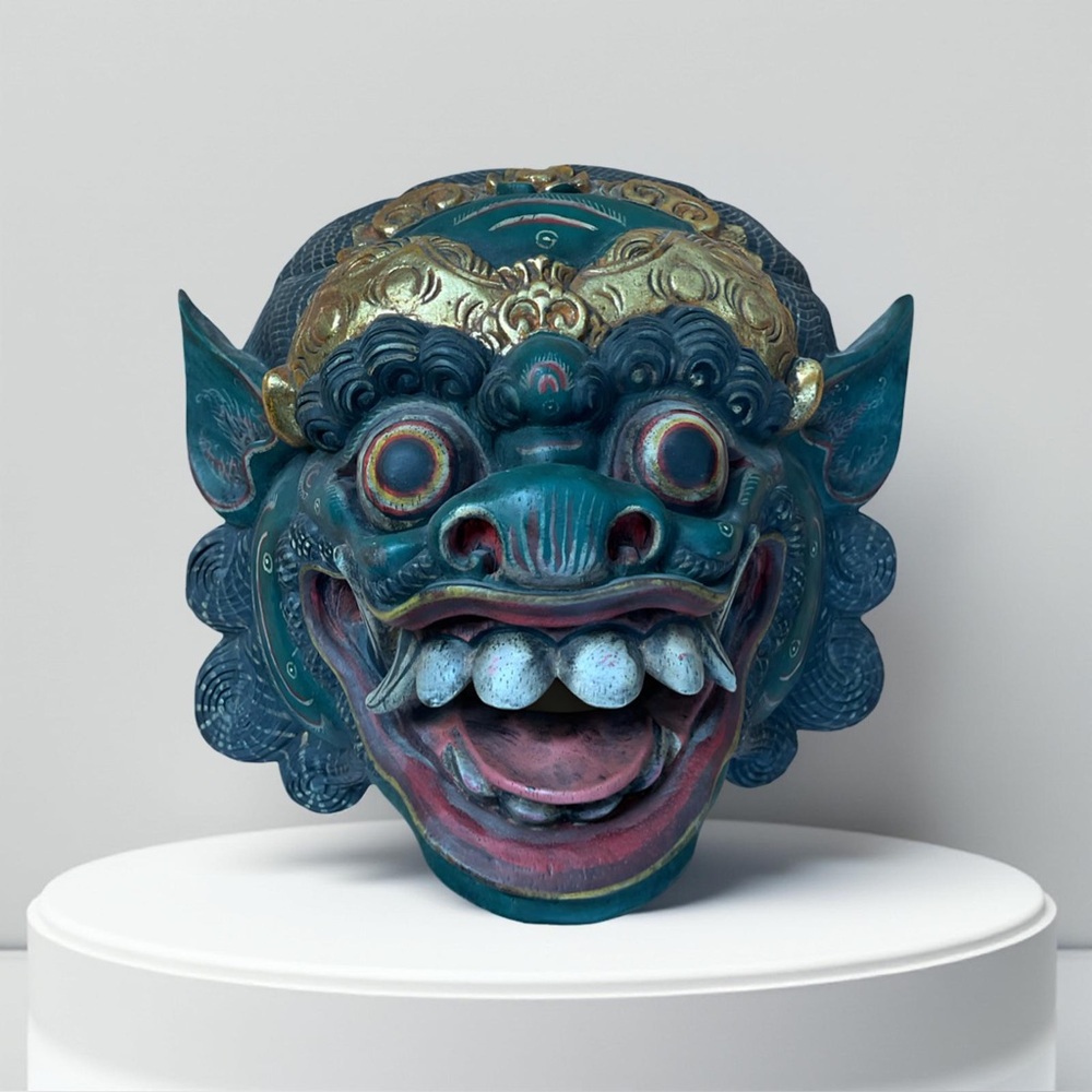 Vintage Balinese Hand-Carved Mask | Green & Gold Wall Art | Tribal Decor